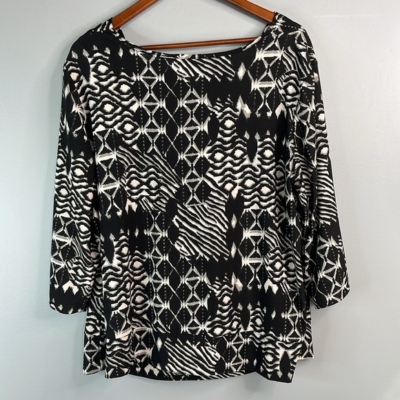 VINTAGE Tradition Printed Cowl Neck Top Black White Grey 3/4 Sleeves Pullover 2X - Picture 7 of 11